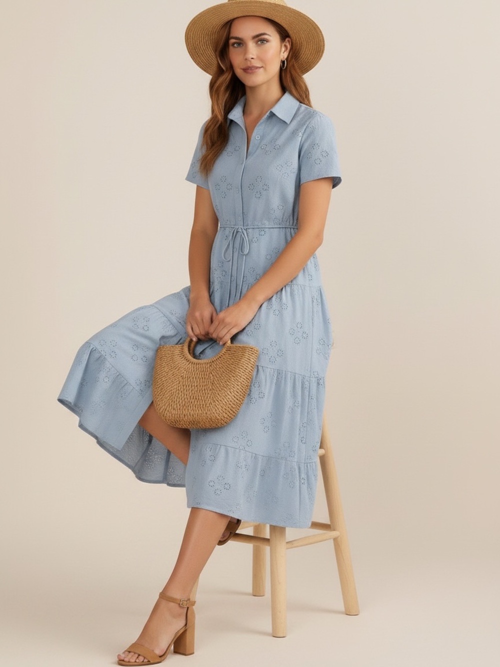 Solitaire Light Blue Eyelet Midi Shirt Dress